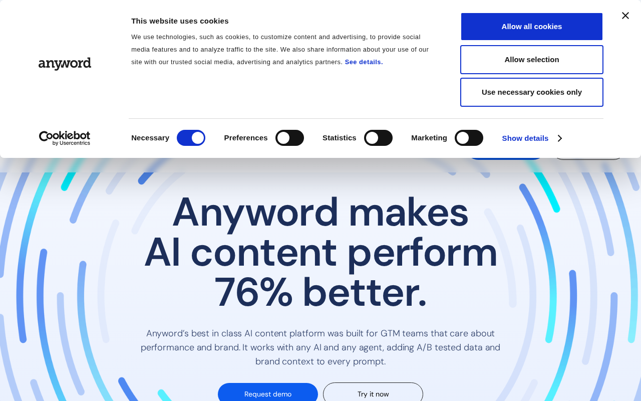 Screenshot of the Anyword homepage