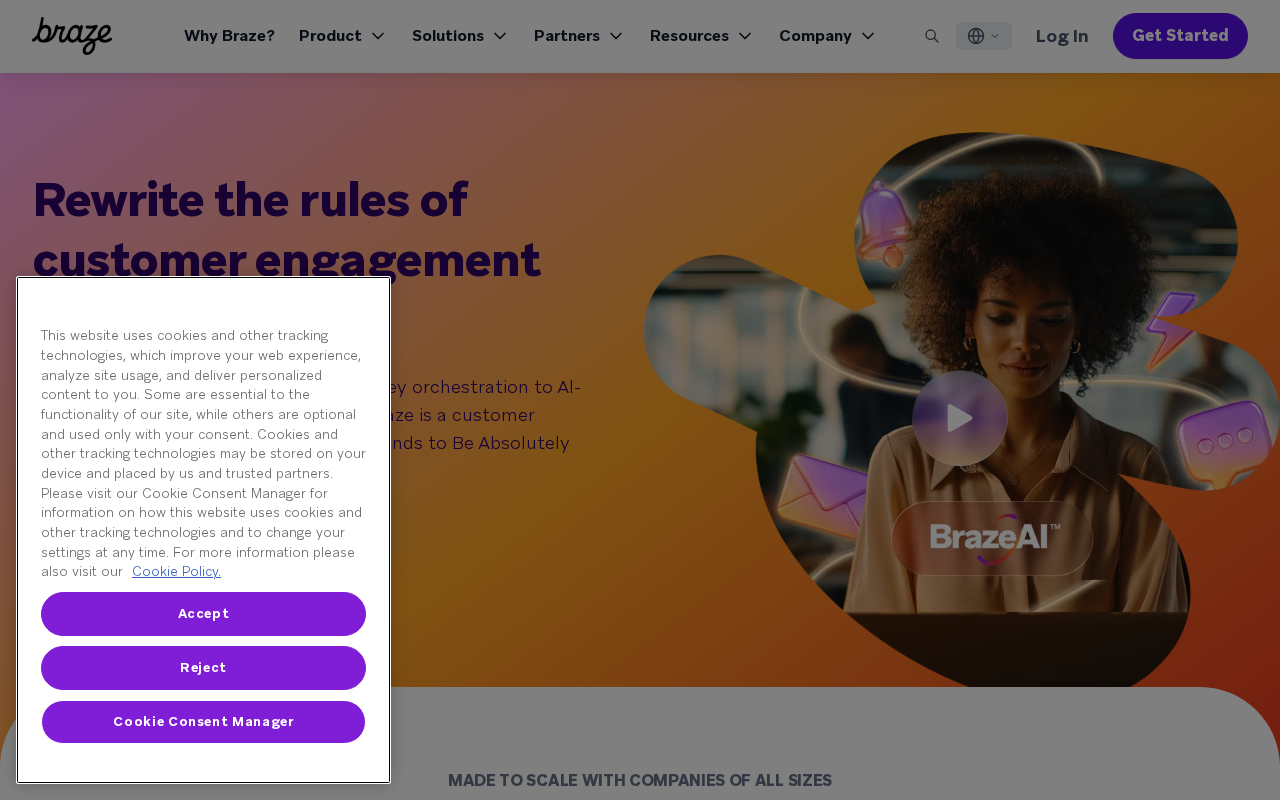 Screenshot of the Braze homepage