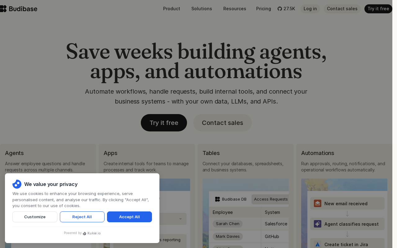 Screenshot of the Budibase homepage