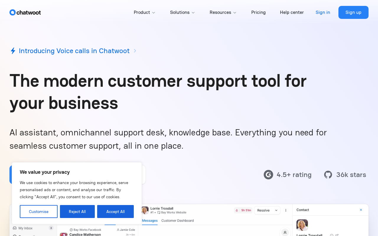 Screenshot of the Chatwoot homepage