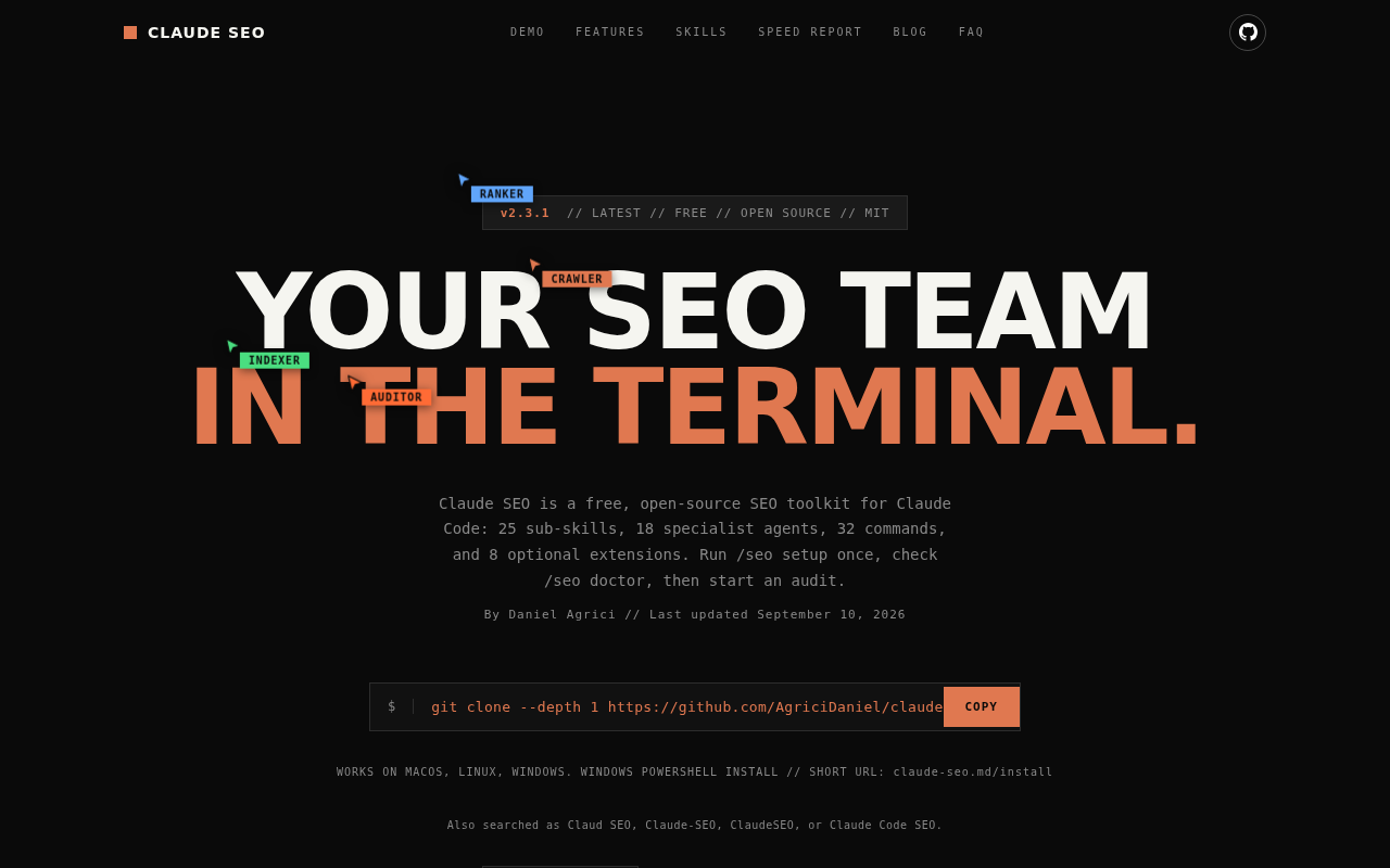 Screenshot of the Claude SEO homepage