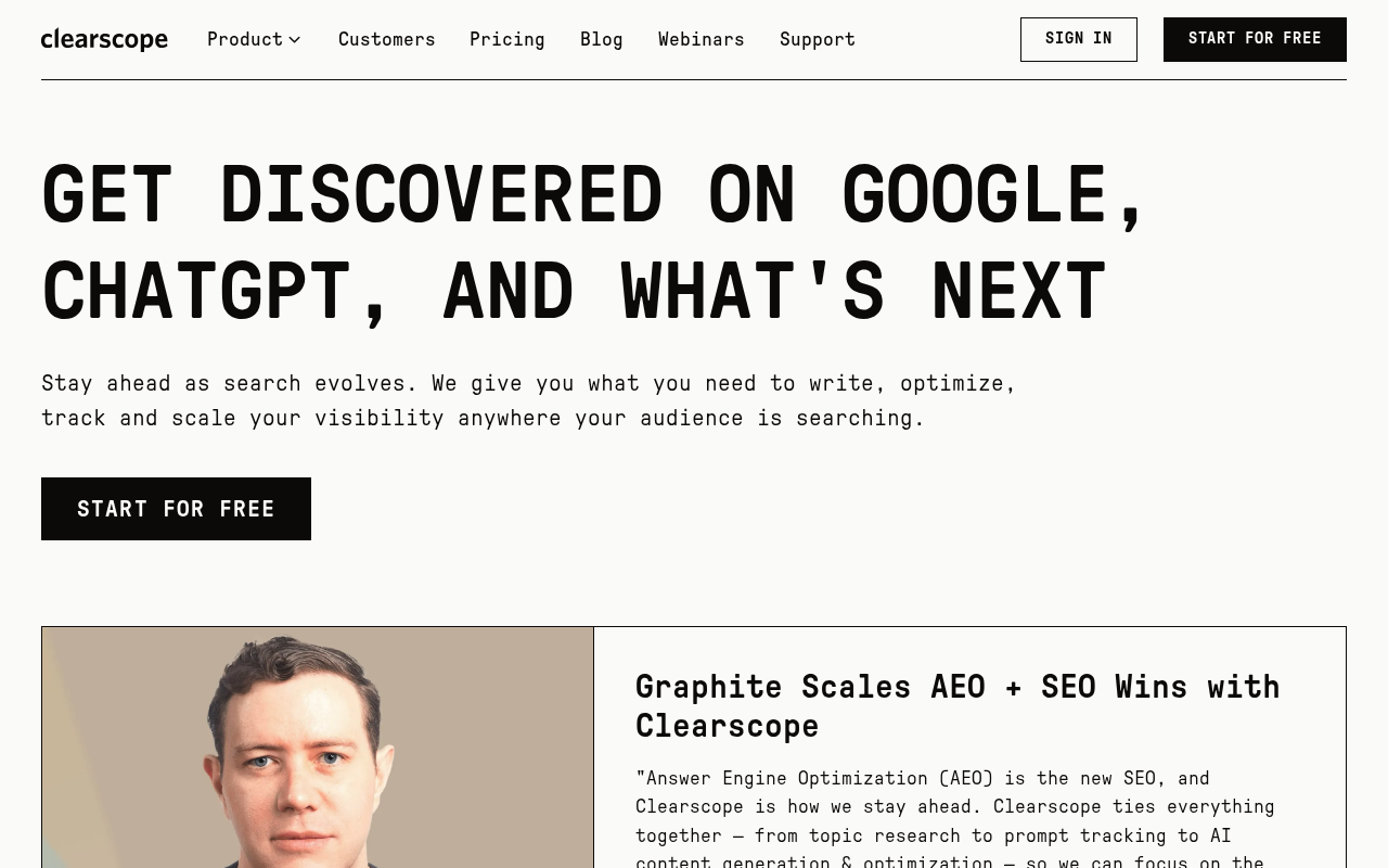Screenshot of the Clearscope homepage