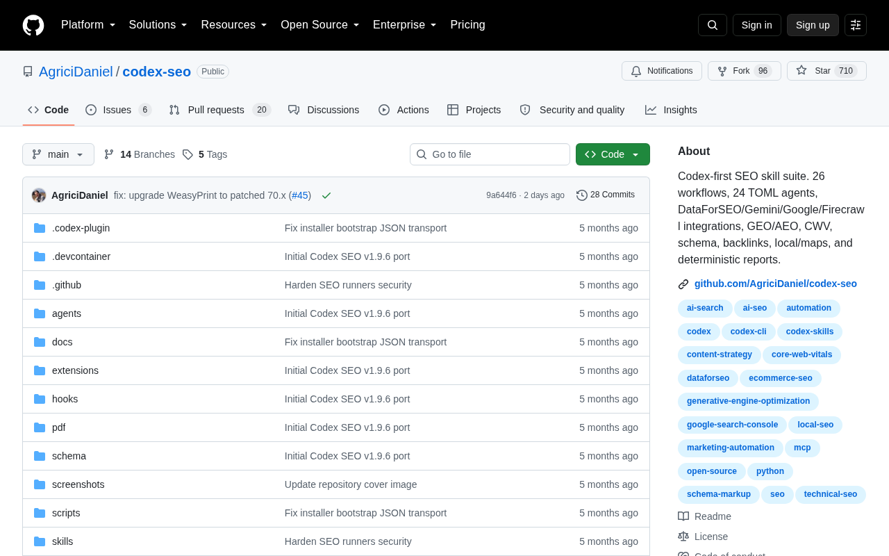 Screenshot of the Codex SEO homepage
