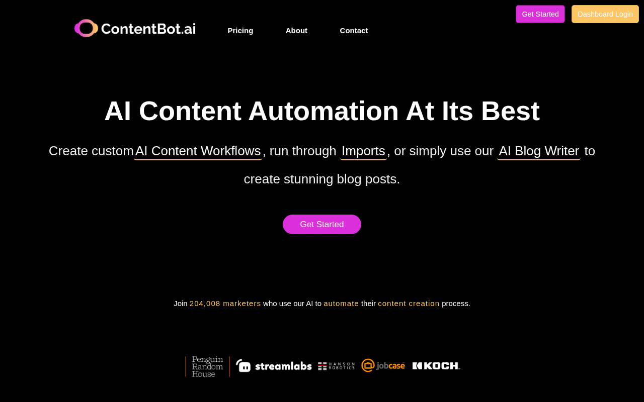 Screenshot of the ContentBot homepage