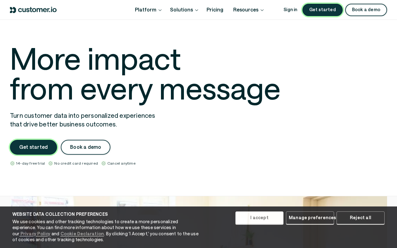 Screenshot of the Customer.io homepage