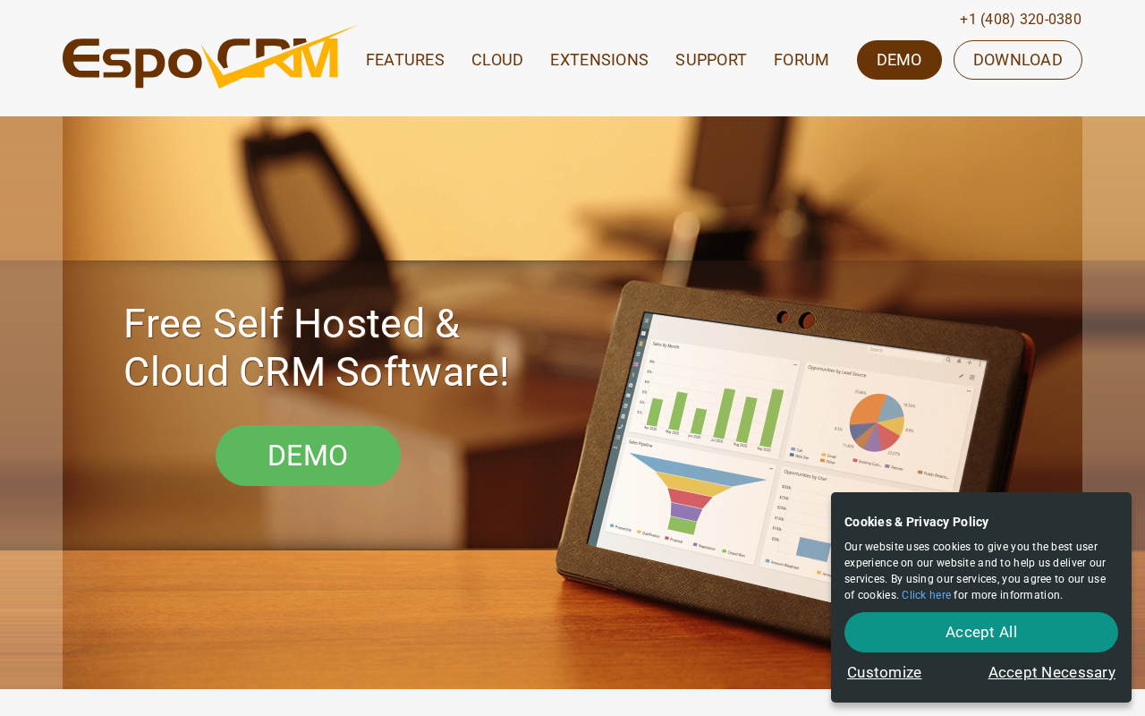 Screenshot of the EspoCRM homepage