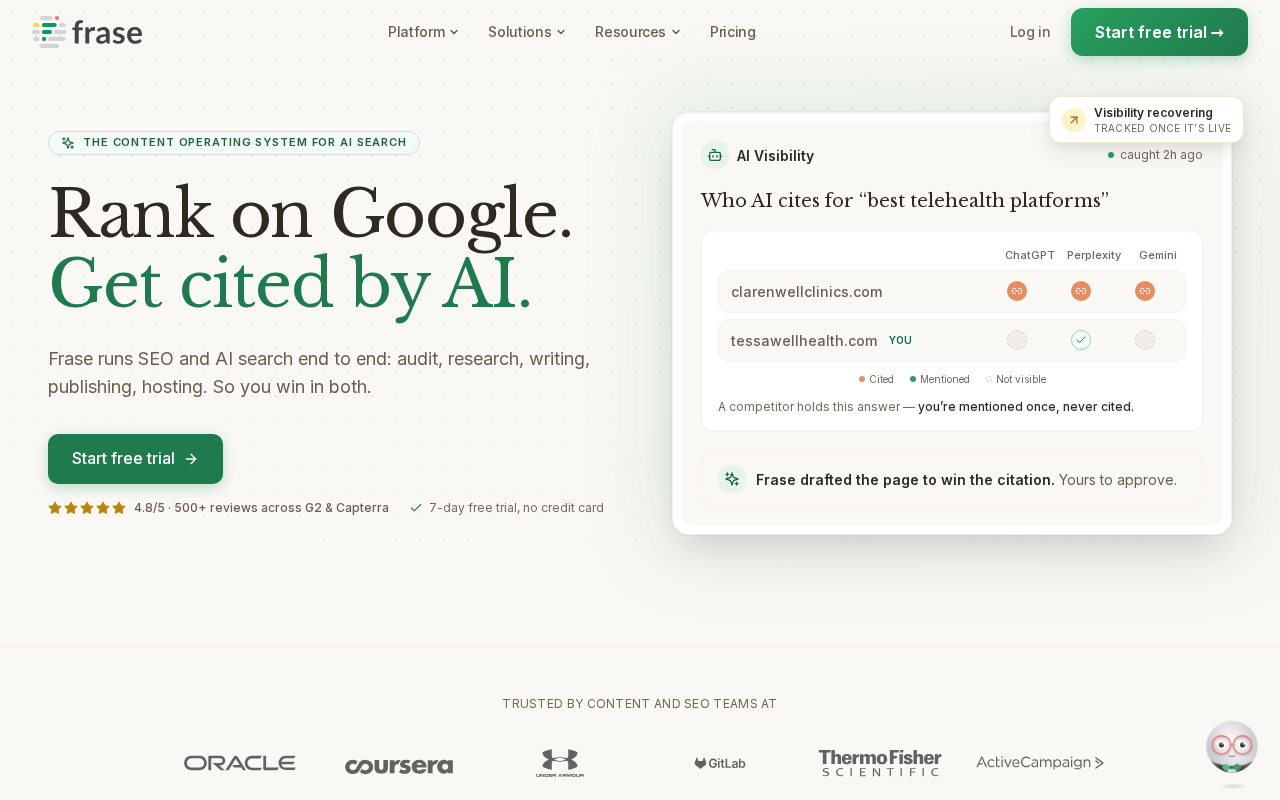Screenshot of the Frase homepage