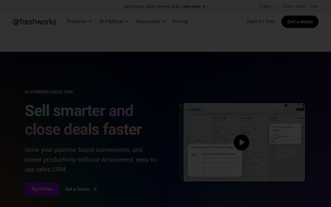 Screenshot of the Freshsales homepage