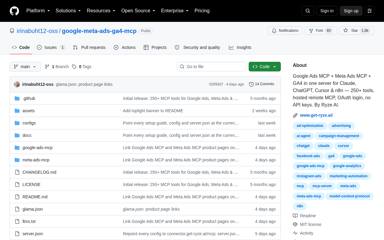 Screenshot of the Google Ads + Meta Ads + GA4 MCP homepage