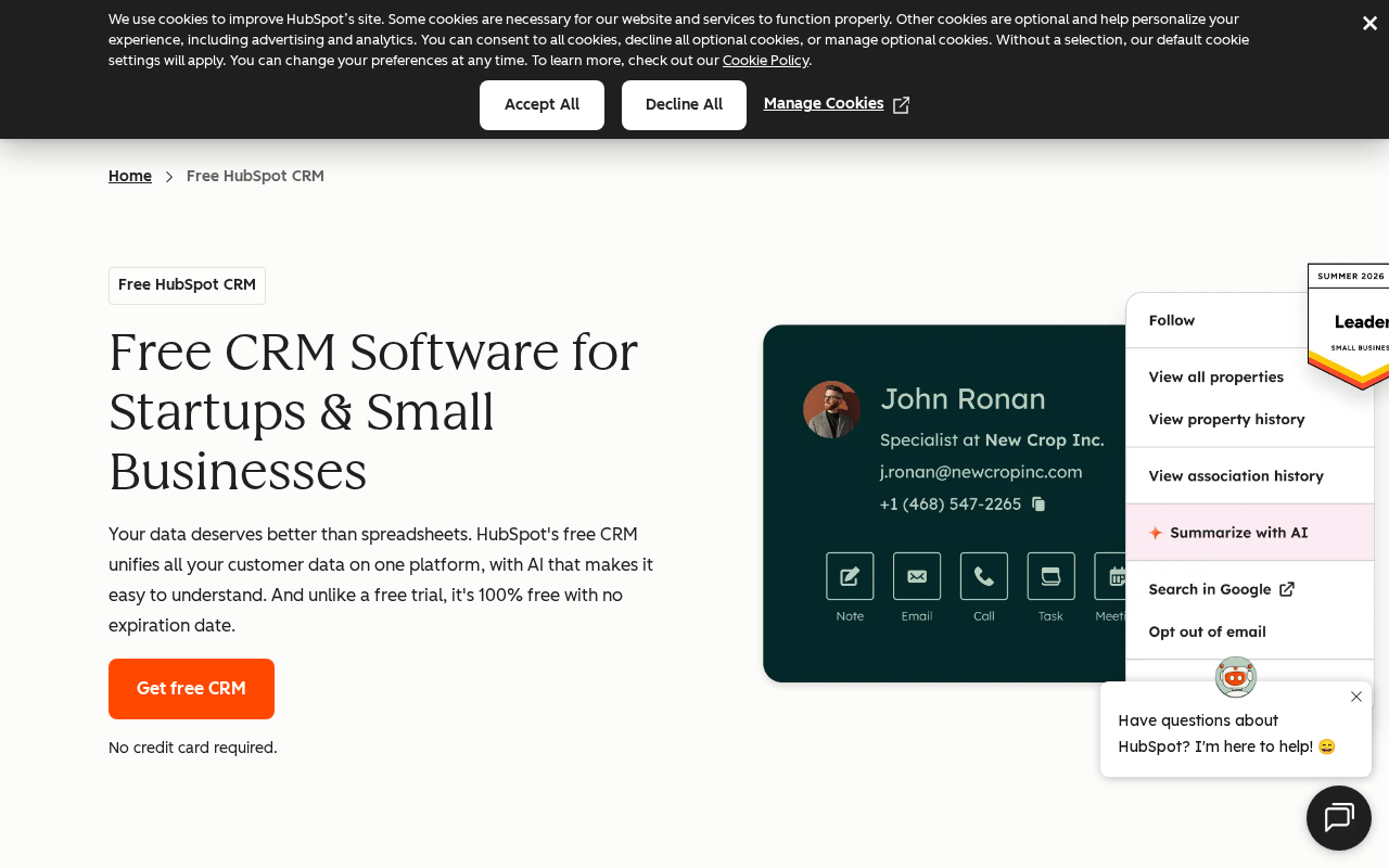 Screenshot of the HubSpot CRM homepage