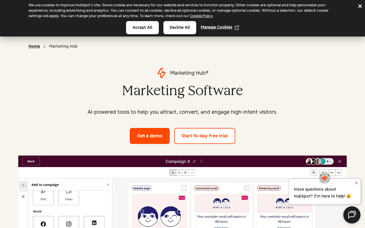 Screenshot of the HubSpot Marketing Hub homepage