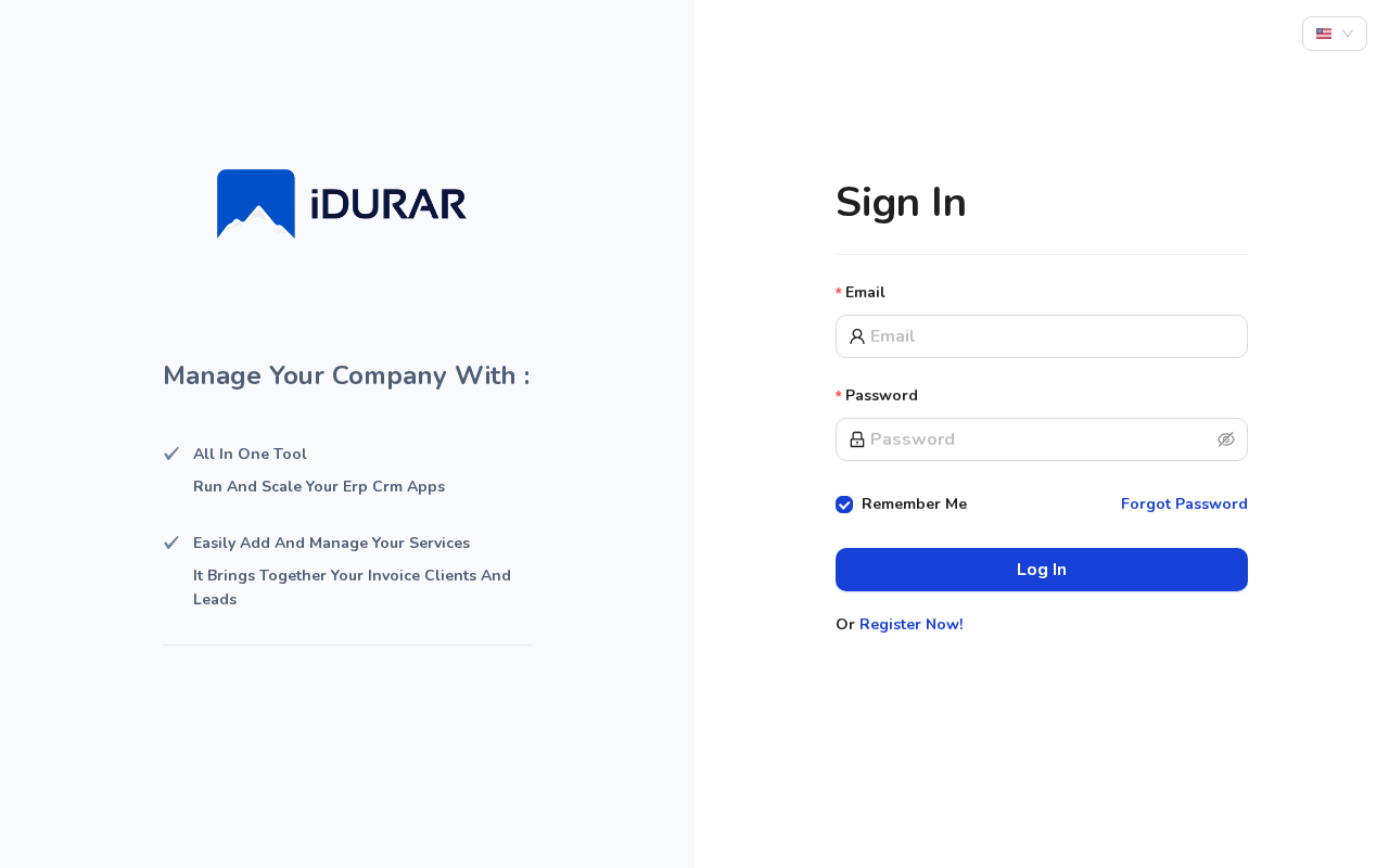 Screenshot of the IDURAR ERP & CRM homepage