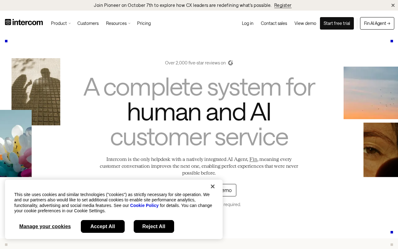 Screenshot of the Intercom homepage