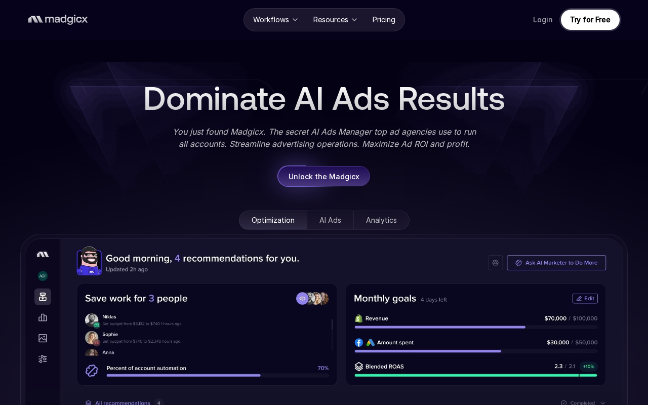 Screenshot of the Madgicx homepage