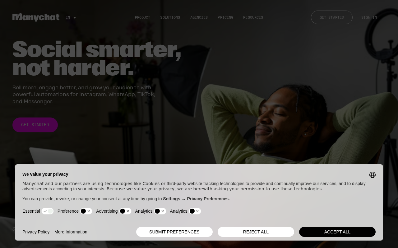 Screenshot of the ManyChat homepage