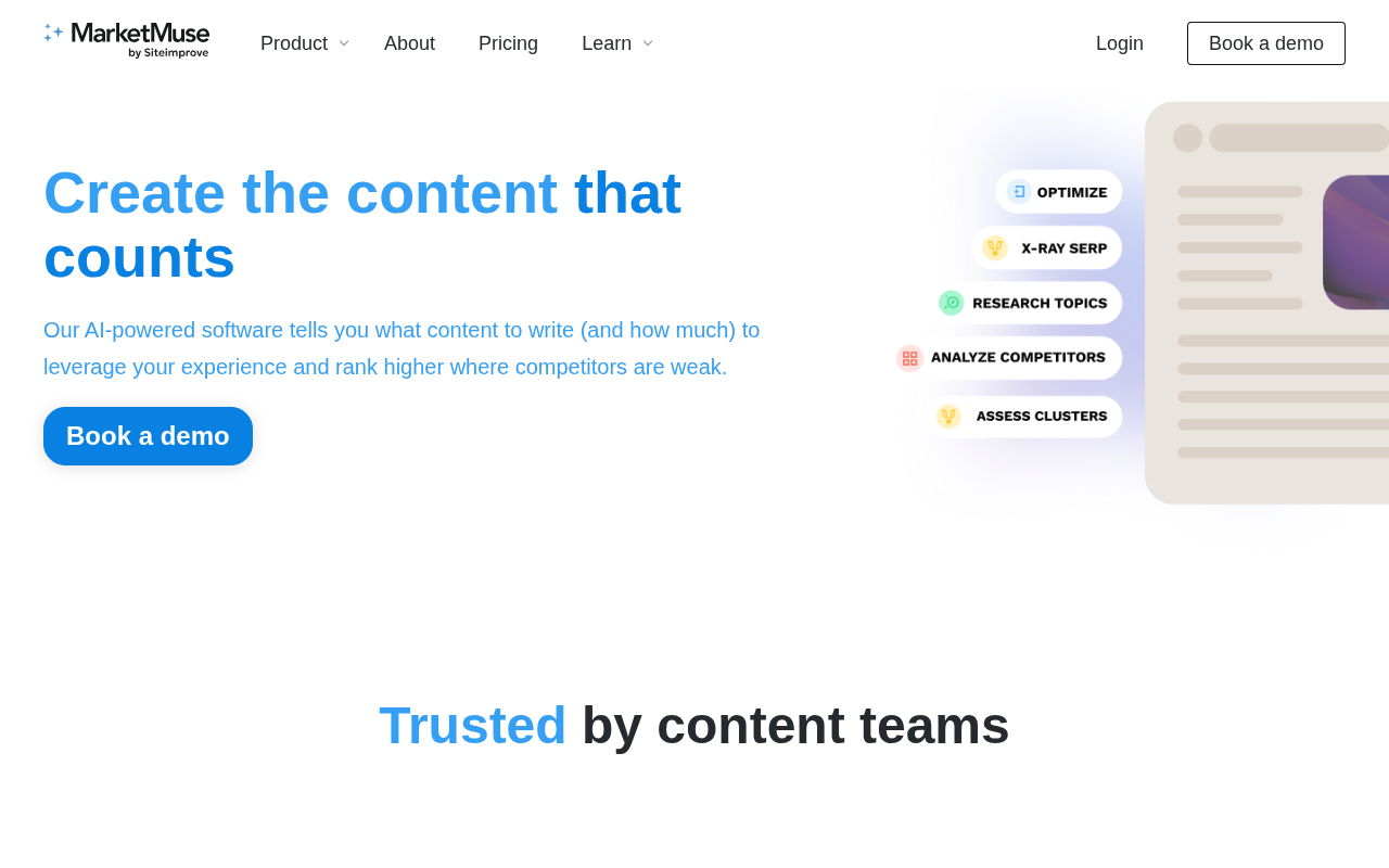 Screenshot of the MarketMuse homepage