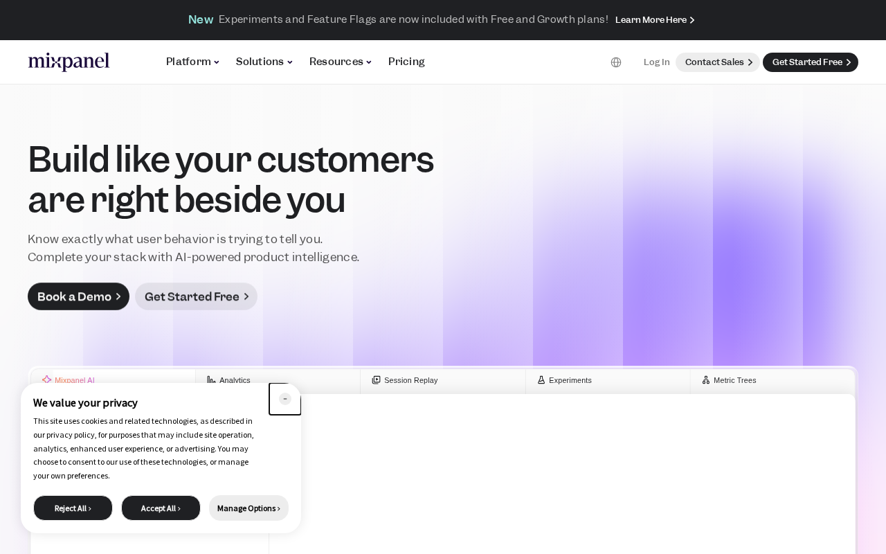Screenshot of the Mixpanel homepage