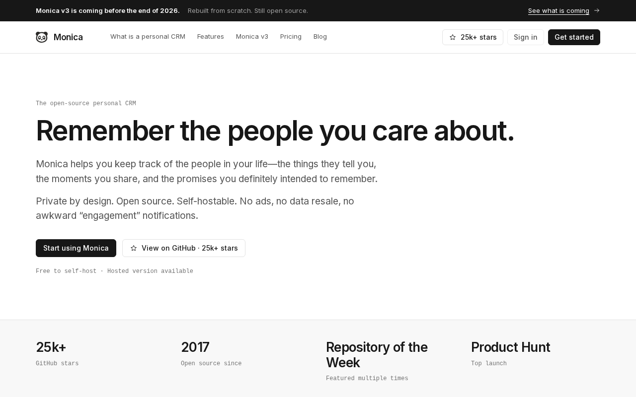 Screenshot of the Monica homepage