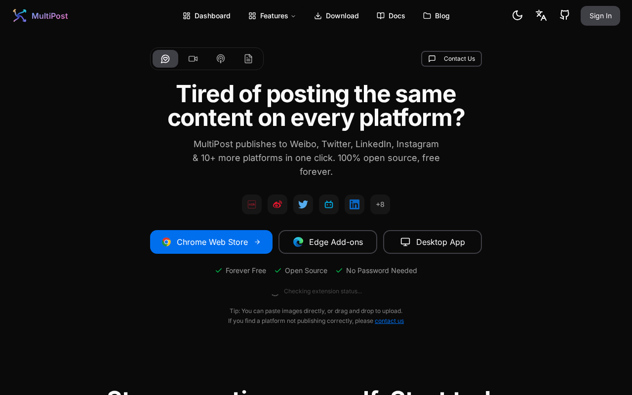Screenshot of the MultiPost homepage