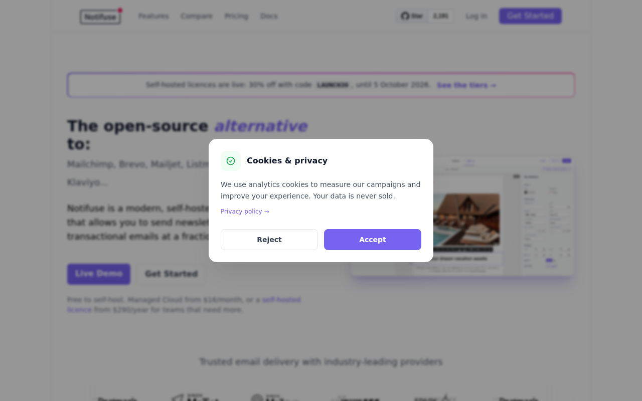 Screenshot of the Notifuse homepage