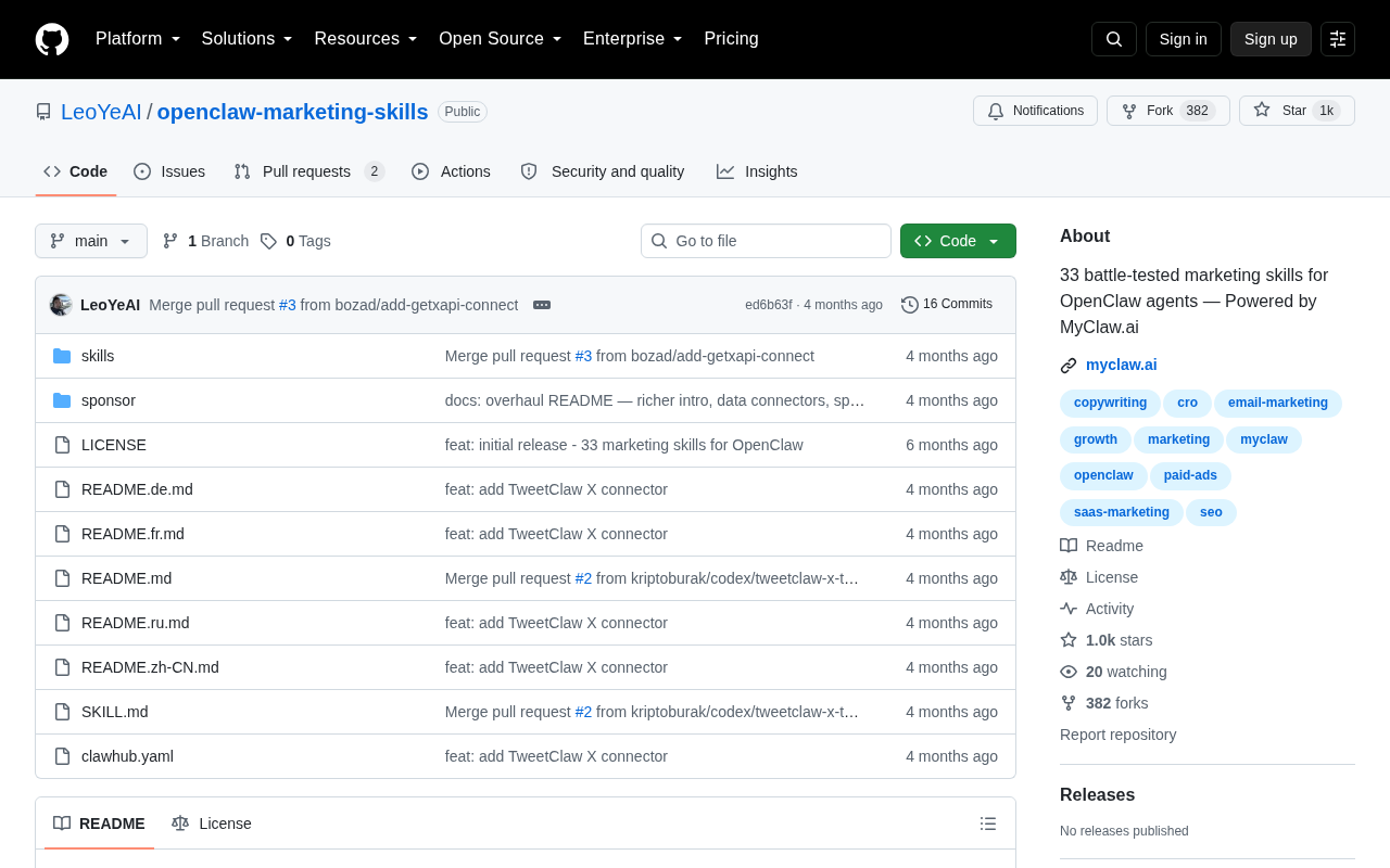 Screenshot of the OpenClaw Marketing Skills homepage