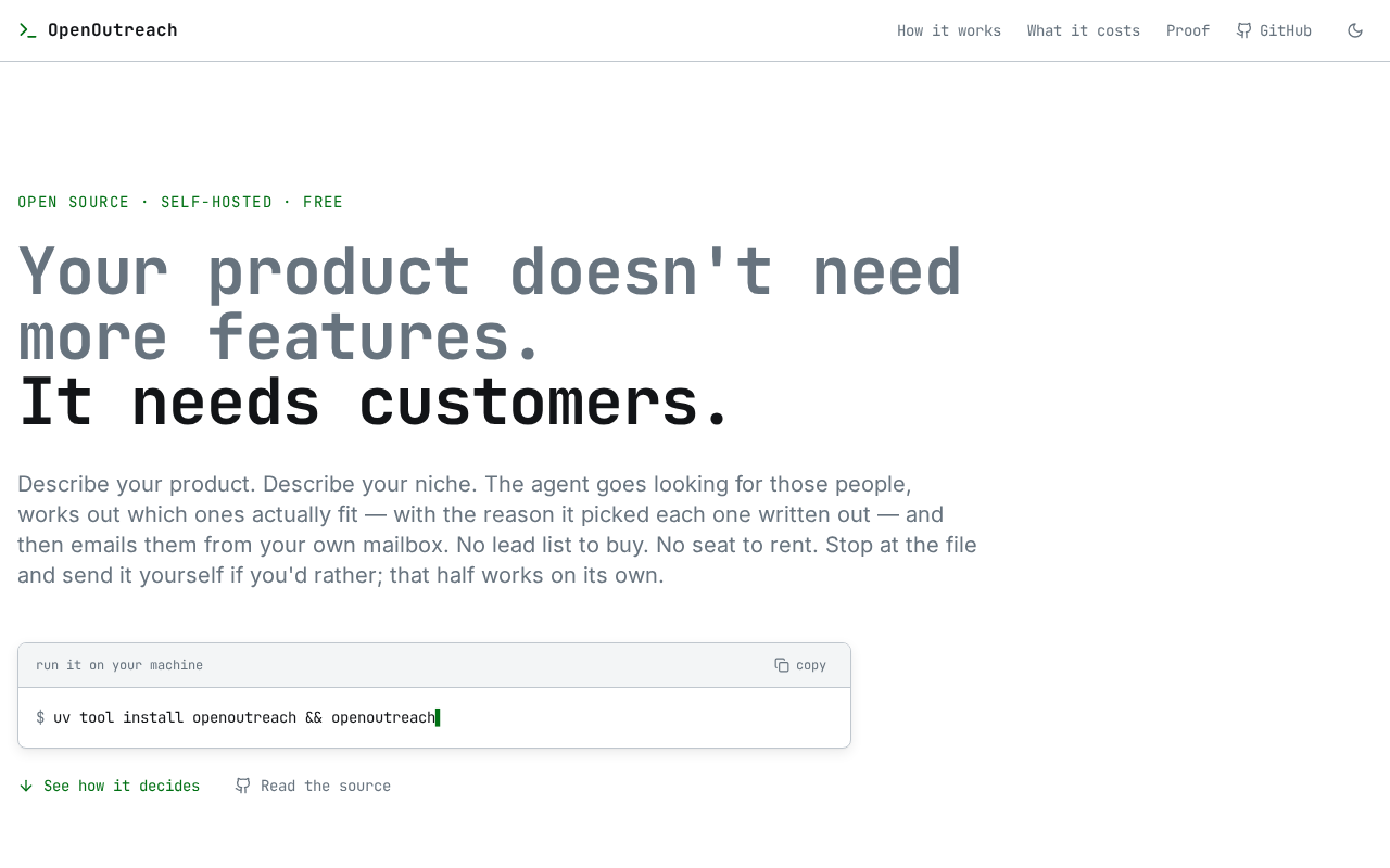 Screenshot of the OpenOutreach homepage