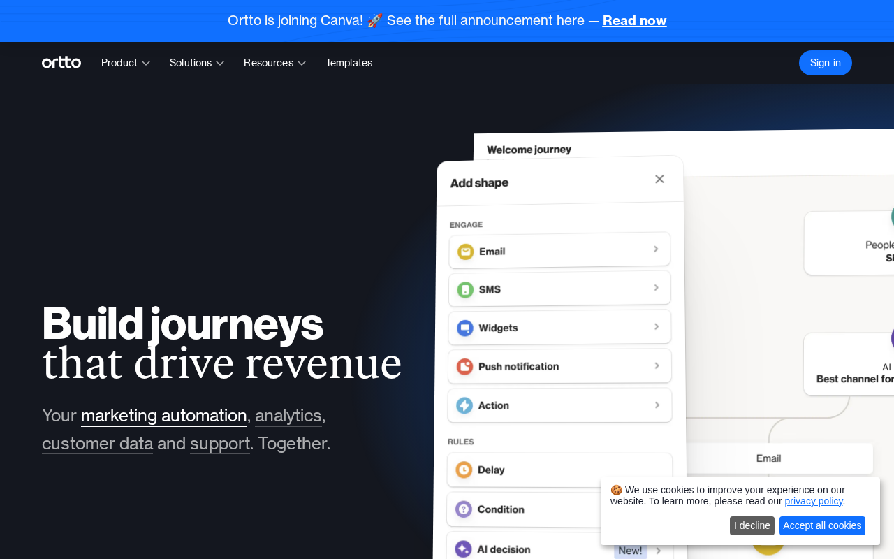 Screenshot of the Ortto homepage