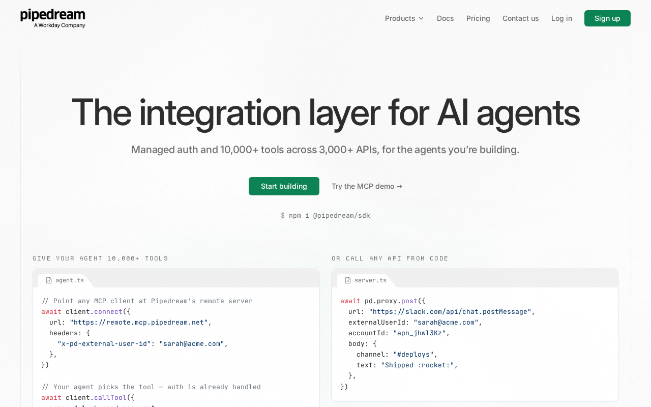 Screenshot of the Pipedream homepage
