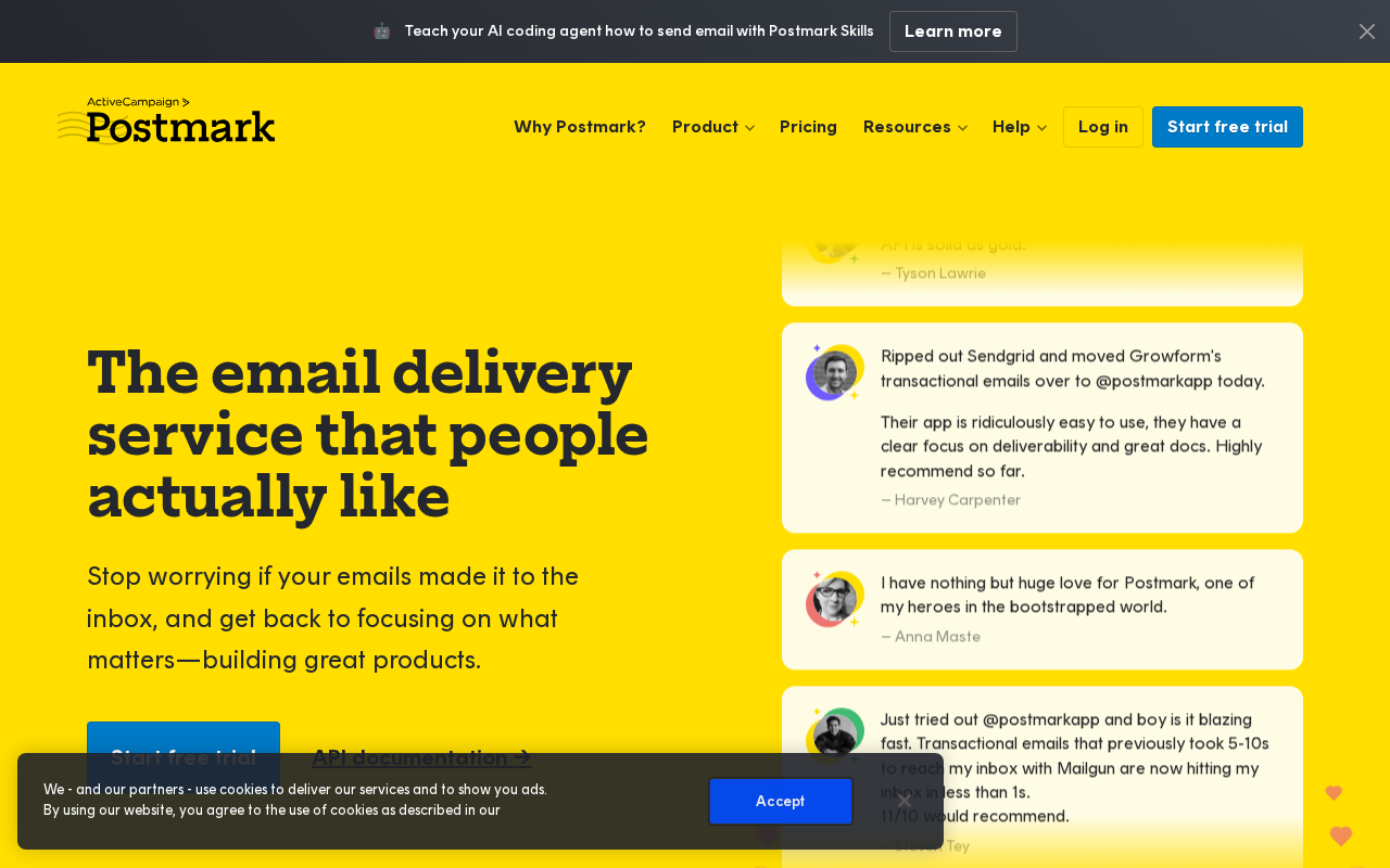 Screenshot of the Postmark homepage