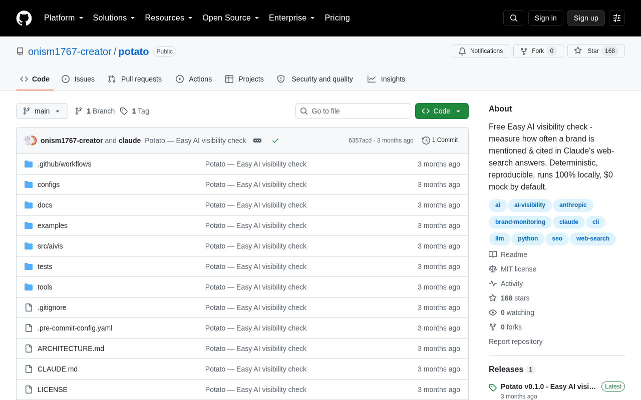 Screenshot of the Potato homepage