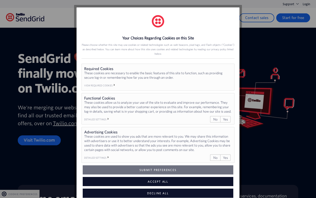 Screenshot of the Twilio SendGrid homepage