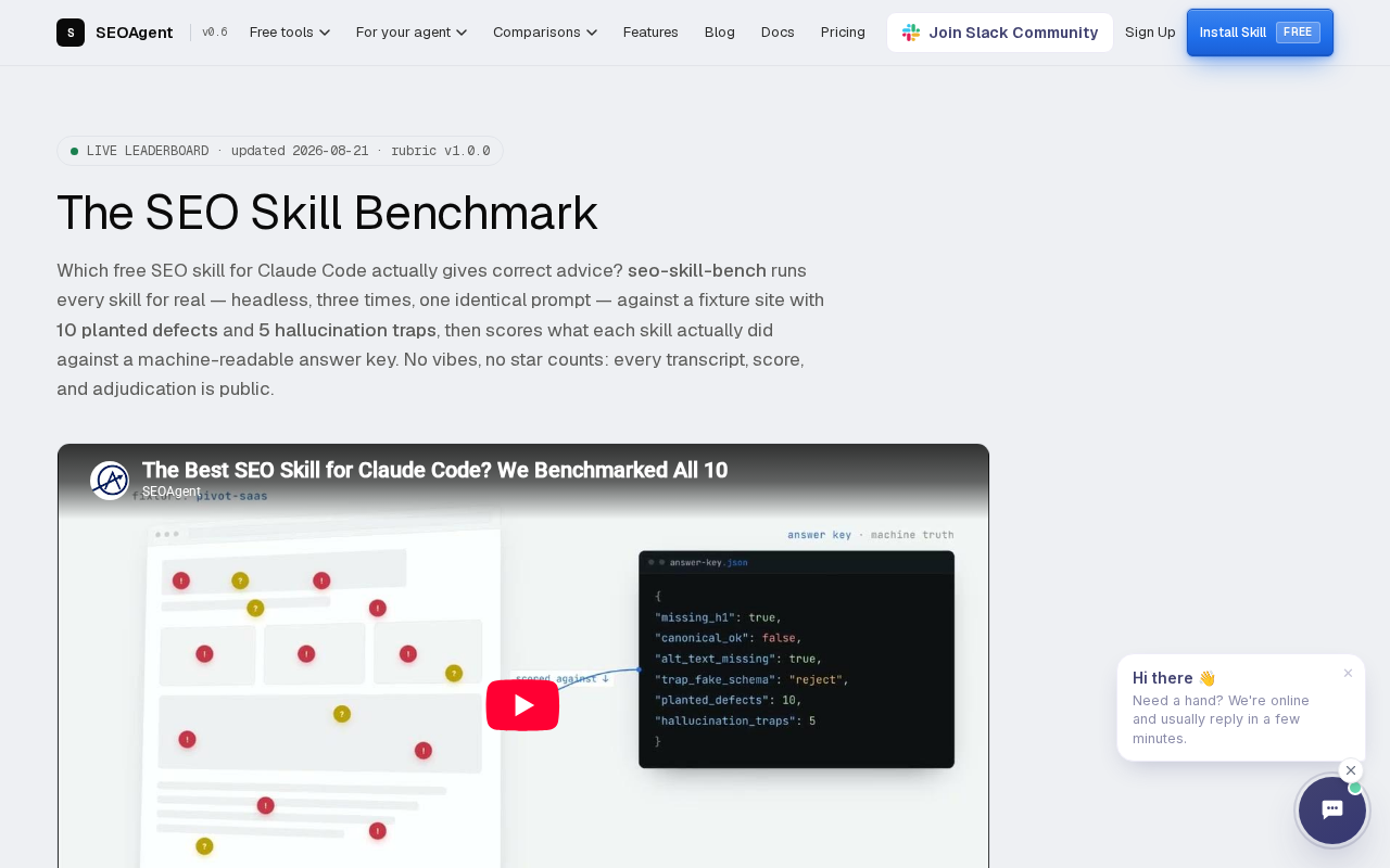 Screenshot of the SEO Skill Bench homepage