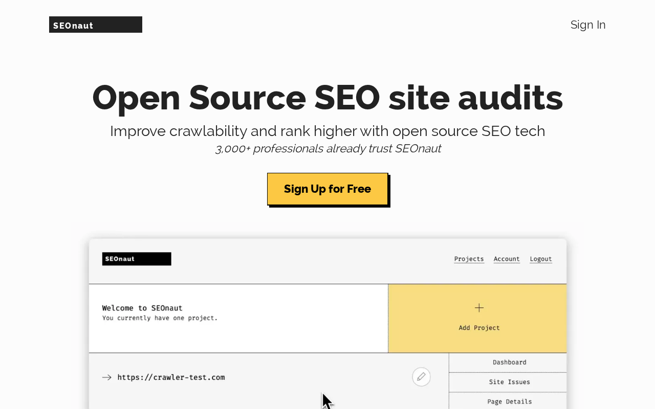Screenshot of the Seonaut homepage