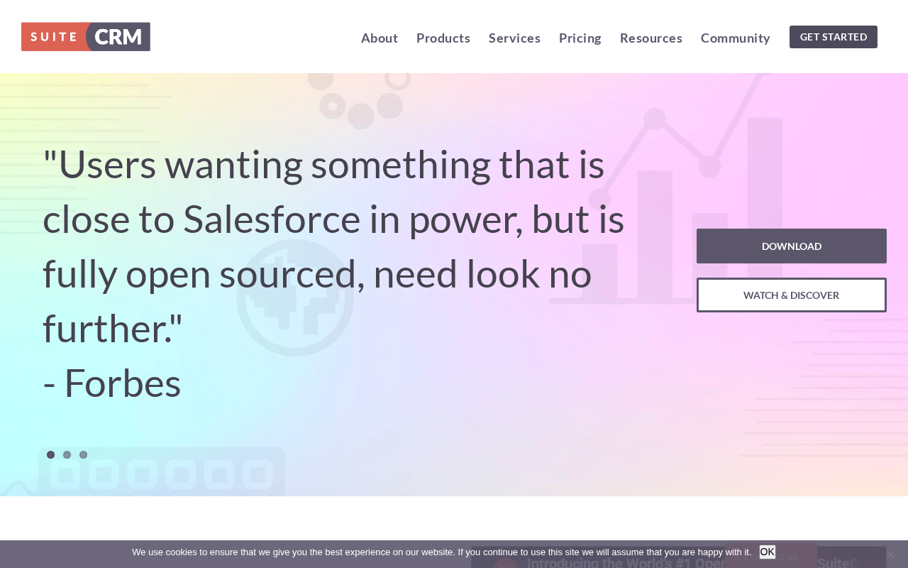 Screenshot of the SuiteCRM homepage