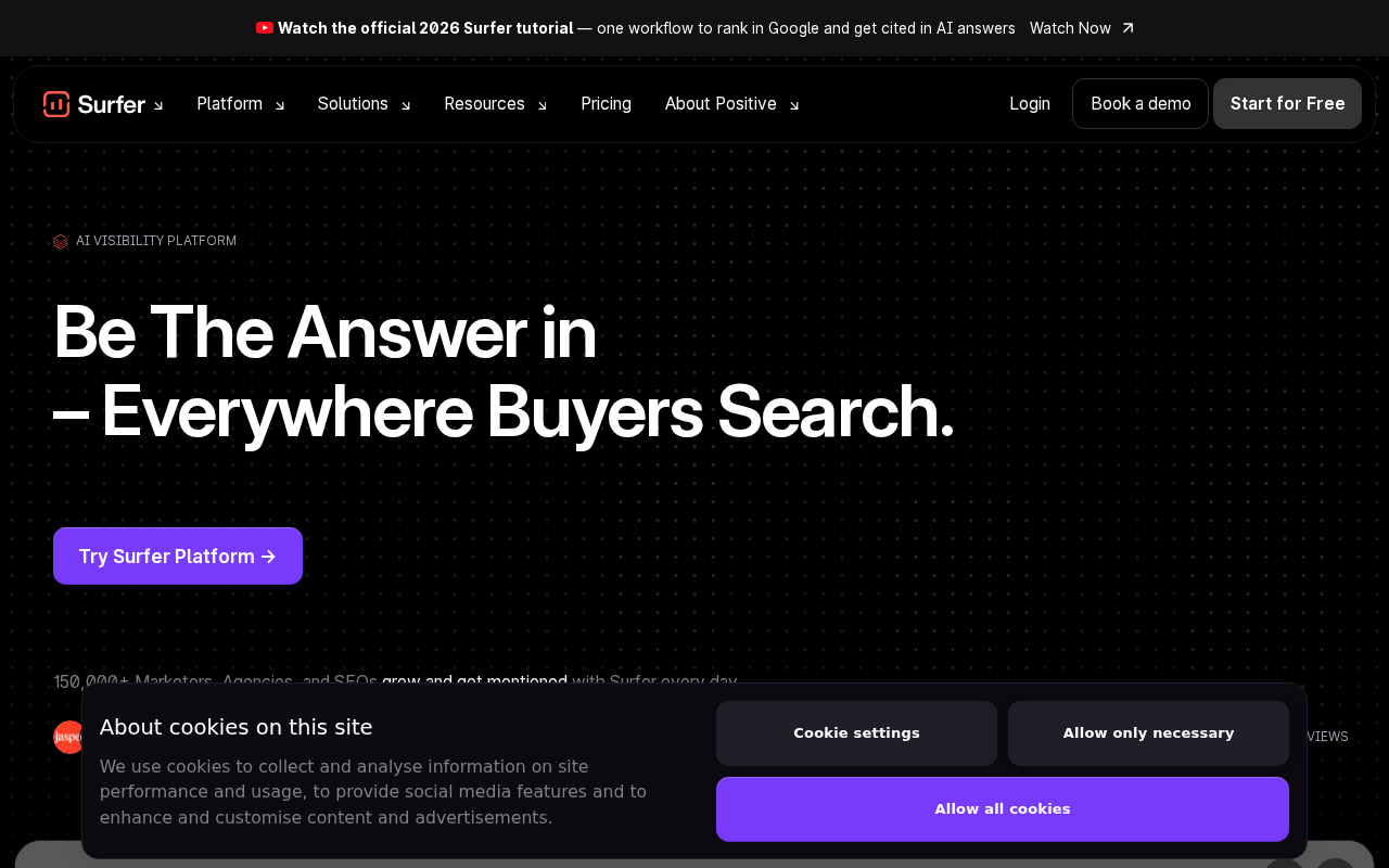 Screenshot of the Surfer SEO homepage