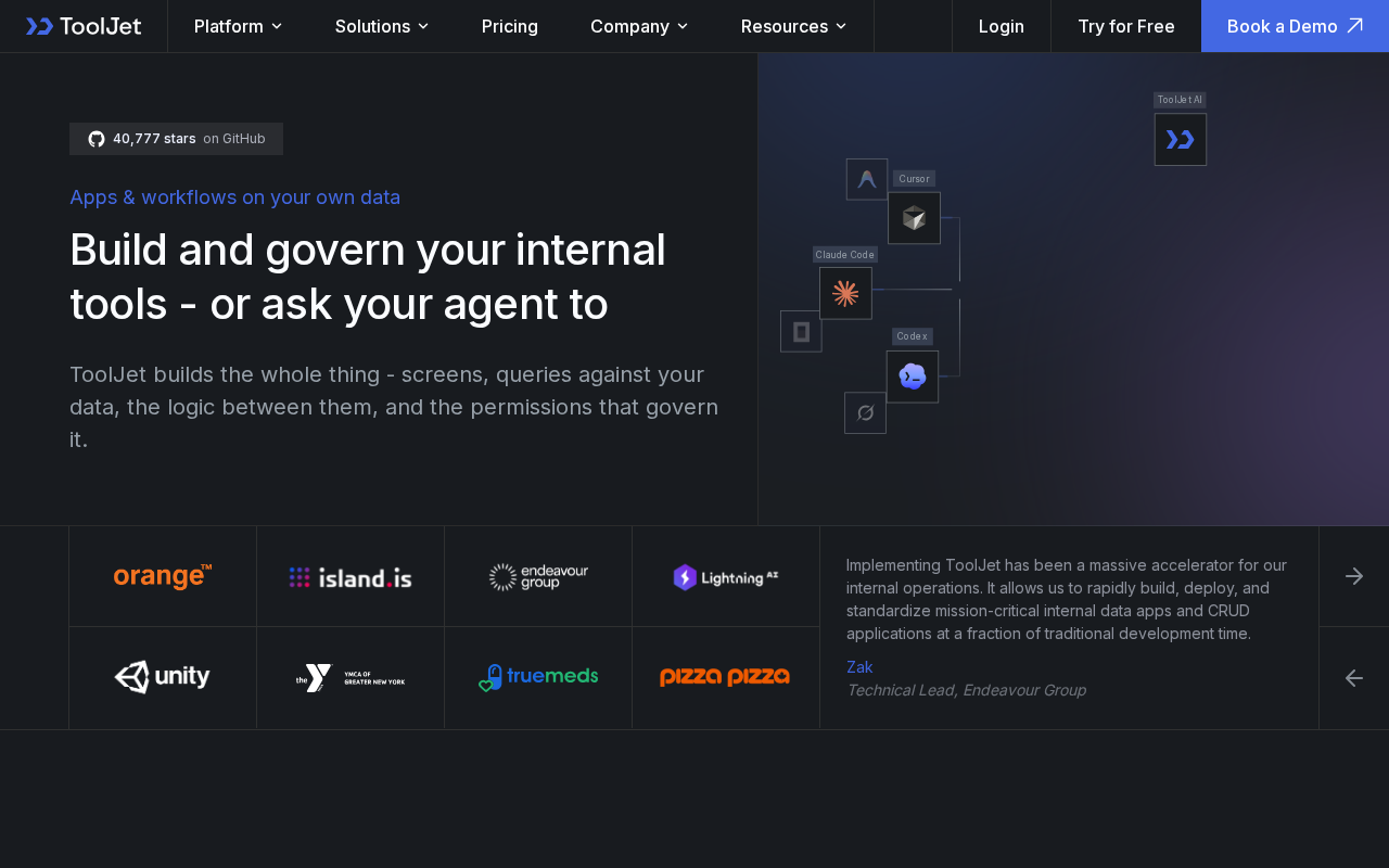 Screenshot of the ToolJet homepage