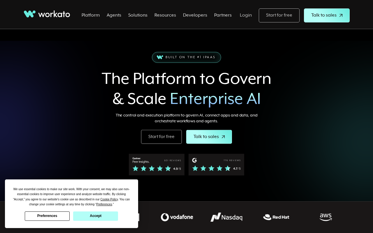 Screenshot of the Workato homepage
